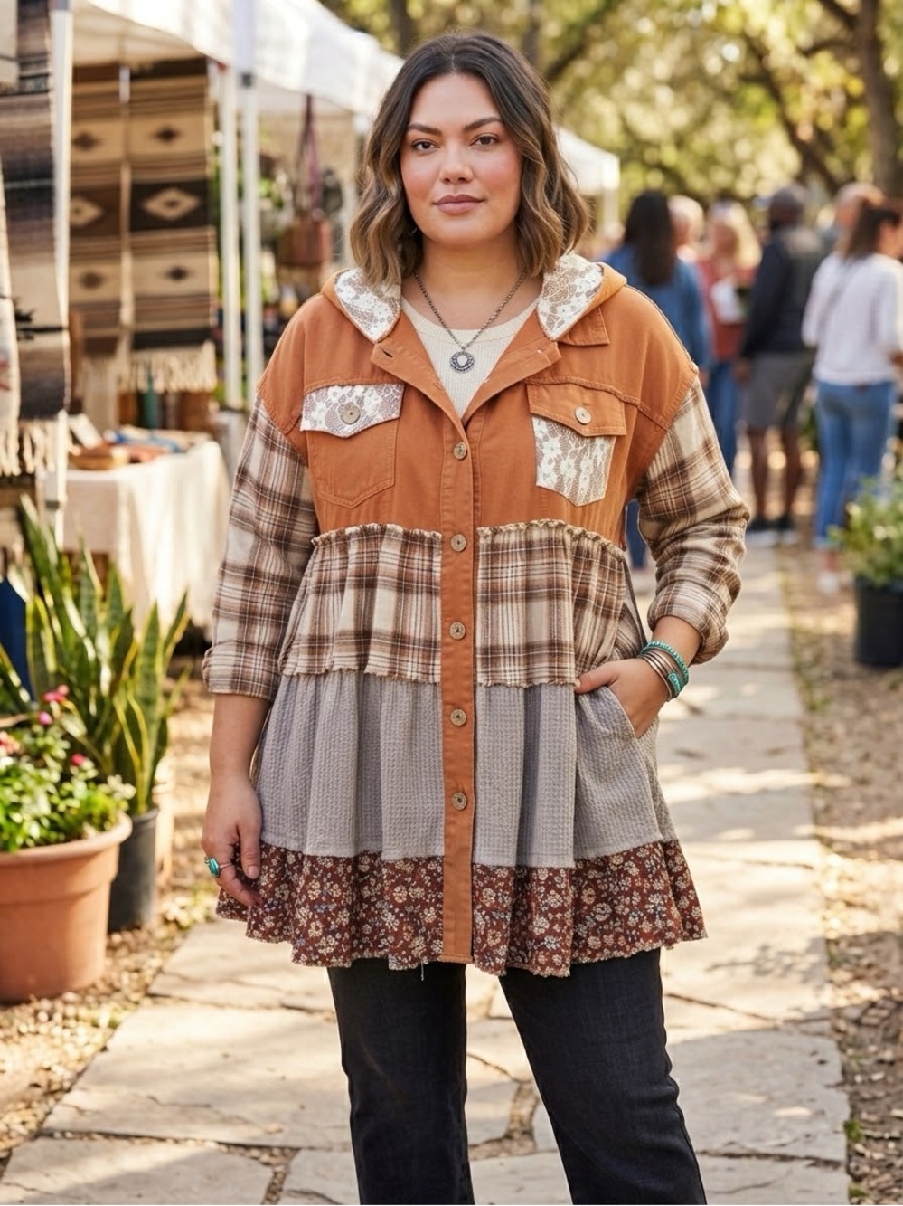 NWT Blue Velvet Burnt Orange Multi Patchwork Plaid & Floral Hooded Shacket Large